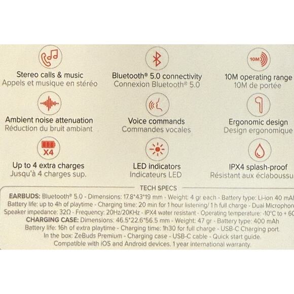 MYKRONOZ ZeBuds Premium Wireless Bluetooth Stereo Headphones NIB/SEALED - Picture 3 of 4